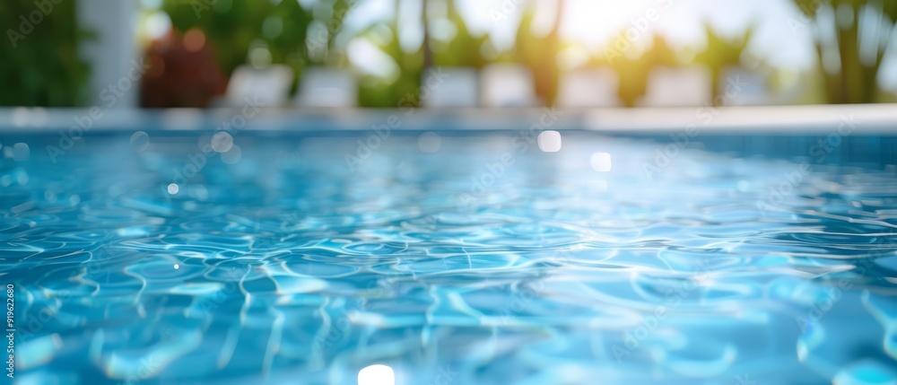 A tight shot of a crystal-clear swimming pool filled with blue water In the background, lush green foliage of plants frames the scene A tight shot of a crystal-clear swimming pool filled with blue water In the background, lush green foliage of plants frames the scene