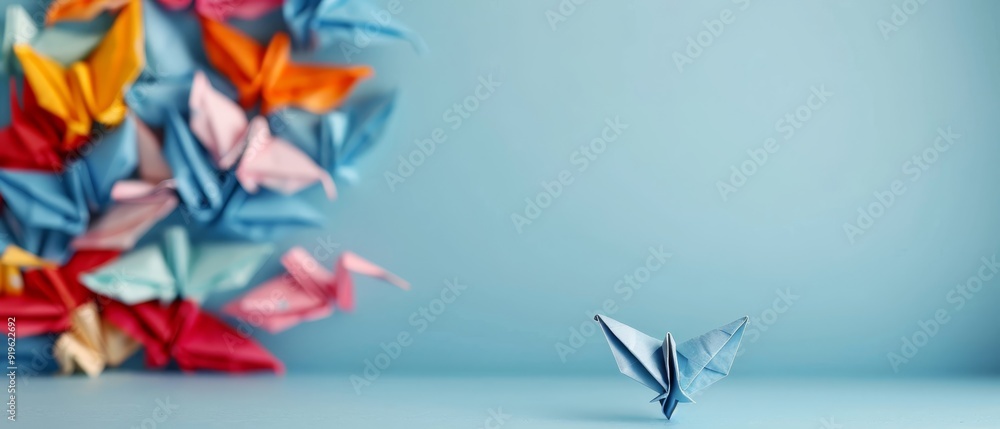 Fototapeta premium A small origami bird sits atop a table, near a wall adorned with origami butterflies