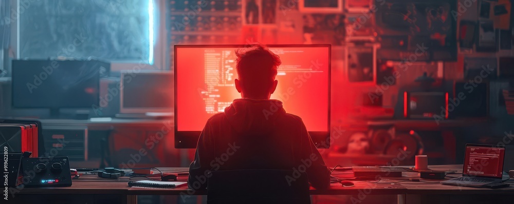A silhouette of a person in front of a glowing computer screen, immersed in digital coding, surrounded by tech equipment.