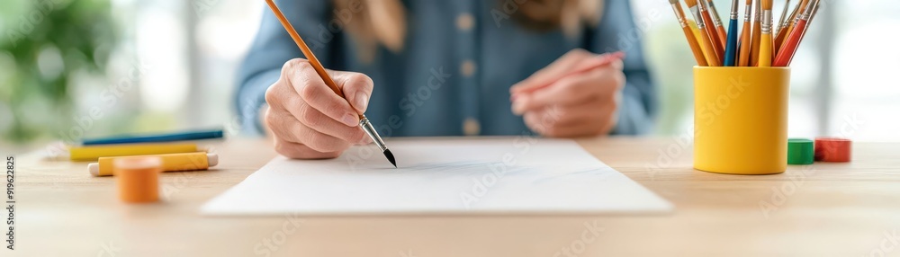 A close-up of a person's hand painting on a blank sheet of paper, surrounded by colorful art supplies in a bright workspace. A close-up of a person's hand painting on a blank sheet of paper, surrounded by colorful art supplies in a bright workspace.