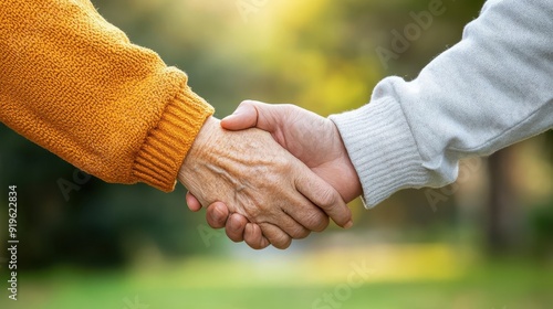 Wallpaper Mural A close-up of two hands shaking warmly in a sunny outdoor setting, symbolizing friendship and connection. Torontodigital.ca