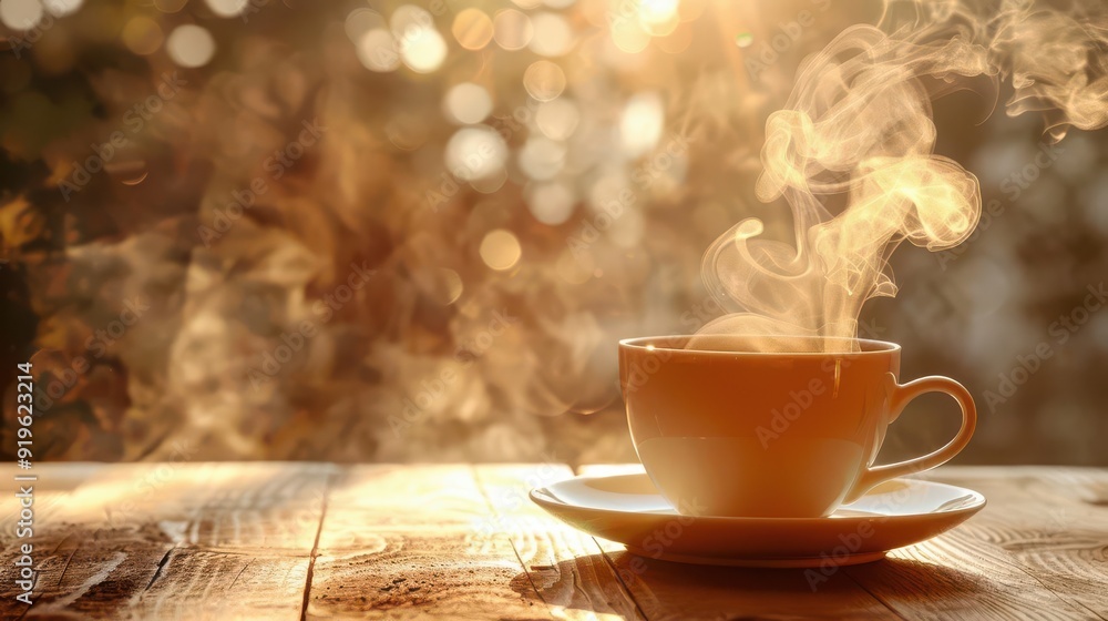 A steaming cup of coffee on a rustic wooden table, illuminated by warm sunlight, creating a cozy and inviting atmosphere. A steaming cup of coffee on a rustic wooden table, illuminated by warm sunlight, creating a cozy and inviting atmosphere.