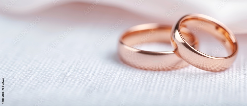 A tight shot of two wedding rings atop a white fabric, against a background of pristine white cloth A tight shot of two wedding rings atop a white fabric, against a background of pristine white cloth