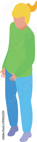 Young woman is standing with her hands in front of her body, feeling ashamed