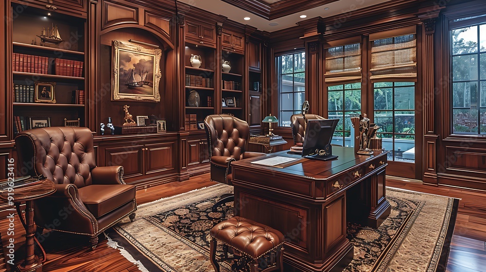 A luxurious home office featuring high-quality mahogany furniture, a large wooden desk, a leather executive chair, tasteful decor including artwork and bookshelves, warm ambient lighting, A luxurious home office featuring high-quality mahogany furniture, a large wooden desk, a leather executive chair, tasteful decor including artwork and bookshelves, warm ambient lighting,