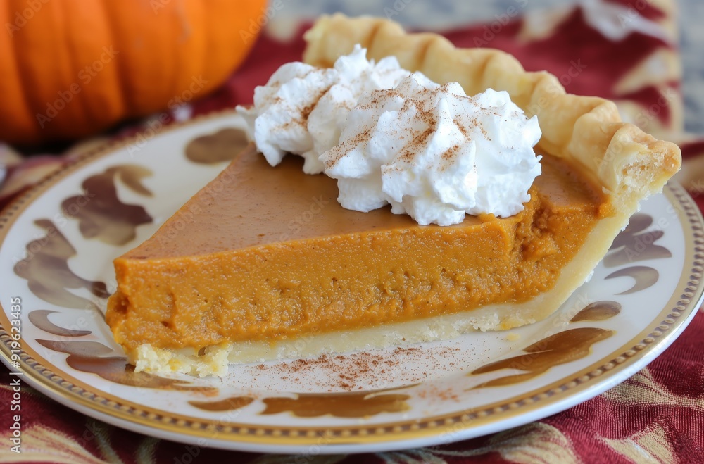 Slice of pumpkin pie with whipped cream sitting on plate Slice of pumpkin pie with whipped cream sitting on plate