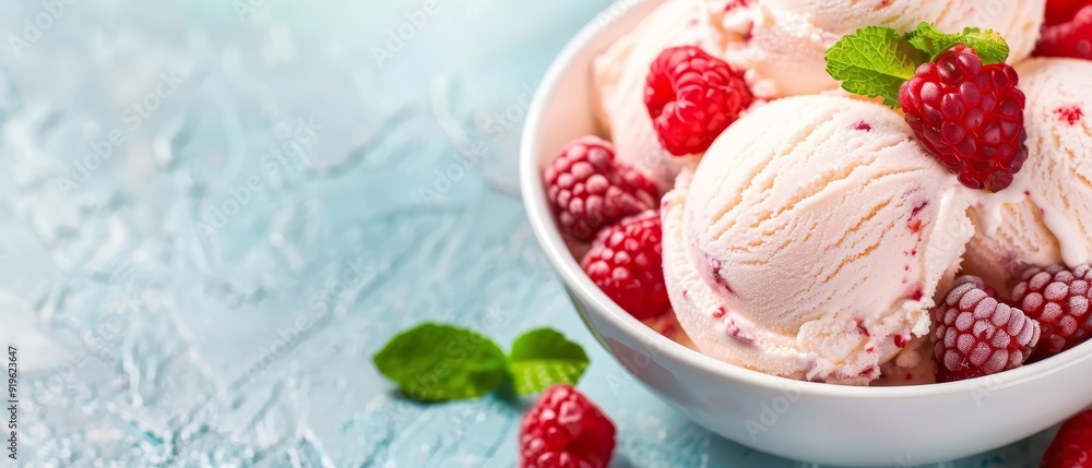  A bowl of ice cream on a blue surface, topped with red raspberries and green mint leaves