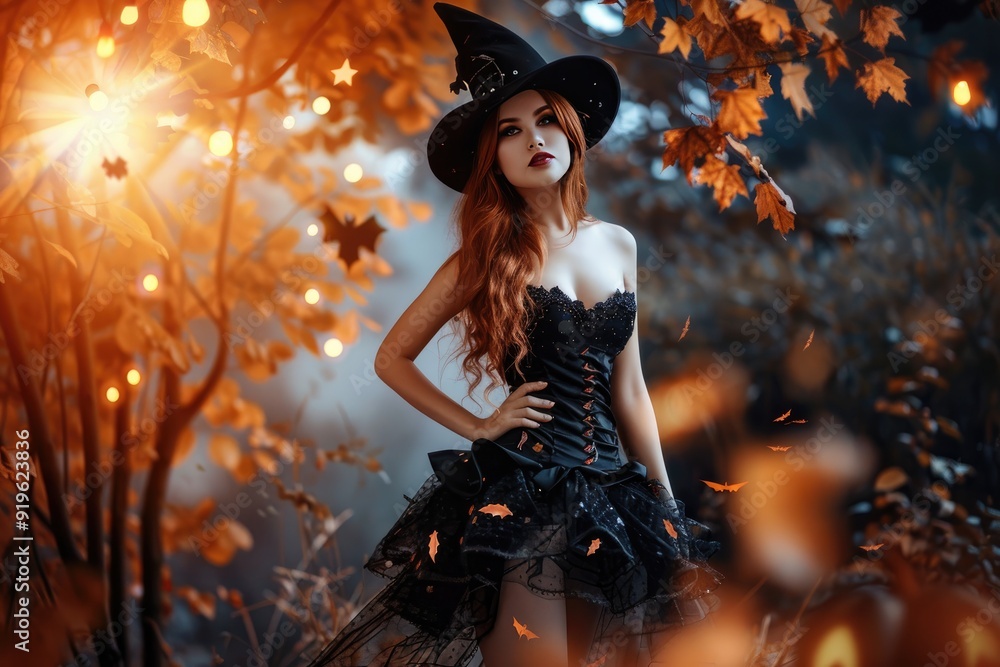 Beautiful model wearing witch dress with autumn tree and sunlight Beautiful model wearing witch dress with autumn tree and sunlight