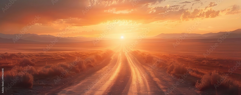 A stunning sunset illuminating a winding road in the desert, evoking a sense of adventure and tranquility. A stunning sunset illuminating a winding road in the desert, evoking a sense of adventure and tranquility.
