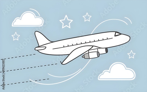 An hand drawing depicting a passenger plane soaring through a clear blue sky.