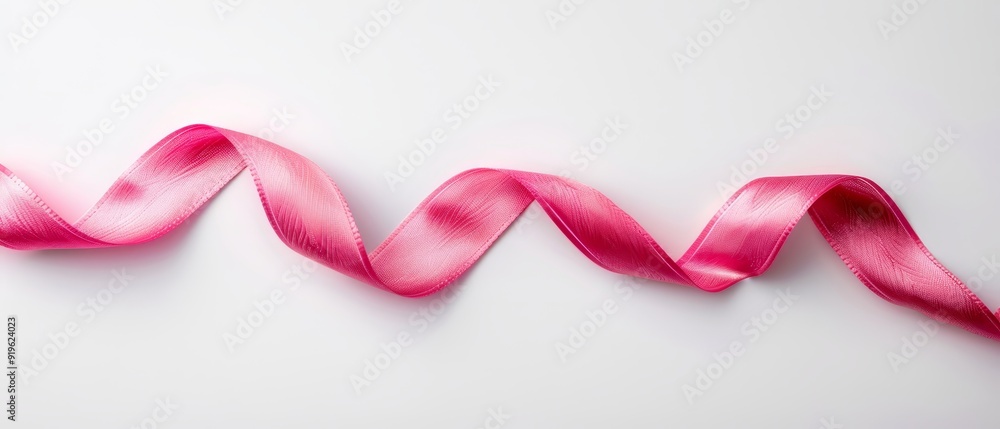 A tight shot of a pink ribbon against a pristine white backdrop The ribbon forms a zigzag pattern A tight shot of a pink ribbon against a pristine white backdrop The ribbon forms a zigzag pattern