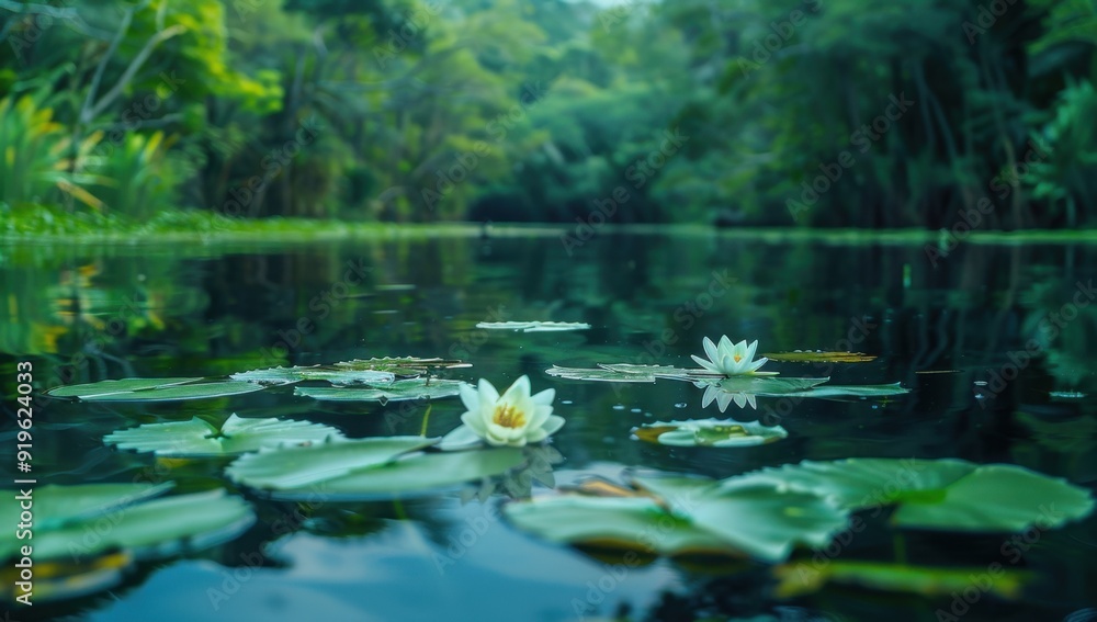 Water lilies and lotus flowers in the middle of an ancient waterway, with green leaves on both sides The water is calm as if it were glass Generative AI Water lilies and lotus flowers in the middle of an ancient waterway, with green leaves on both sides The water is calm as if it were glass Generative AI