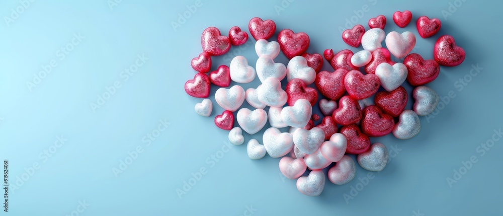 A heart-shaped arrangement of candy hearts against a blue backdrop with ample blank space in the center of the image A heart-shaped arrangement of candy hearts against a blue backdrop with ample blank space in the center of the image