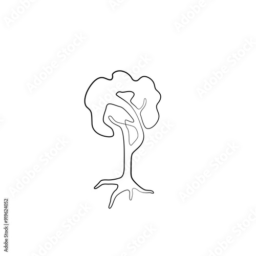 Tree continuous line drawing, tattoo, print and logo design, silhouette single line on a white background, isolated vector illustration.