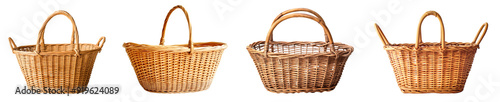 Wood wicker basket set with white linen fabric inside isolated on white or transparent background, cutout png