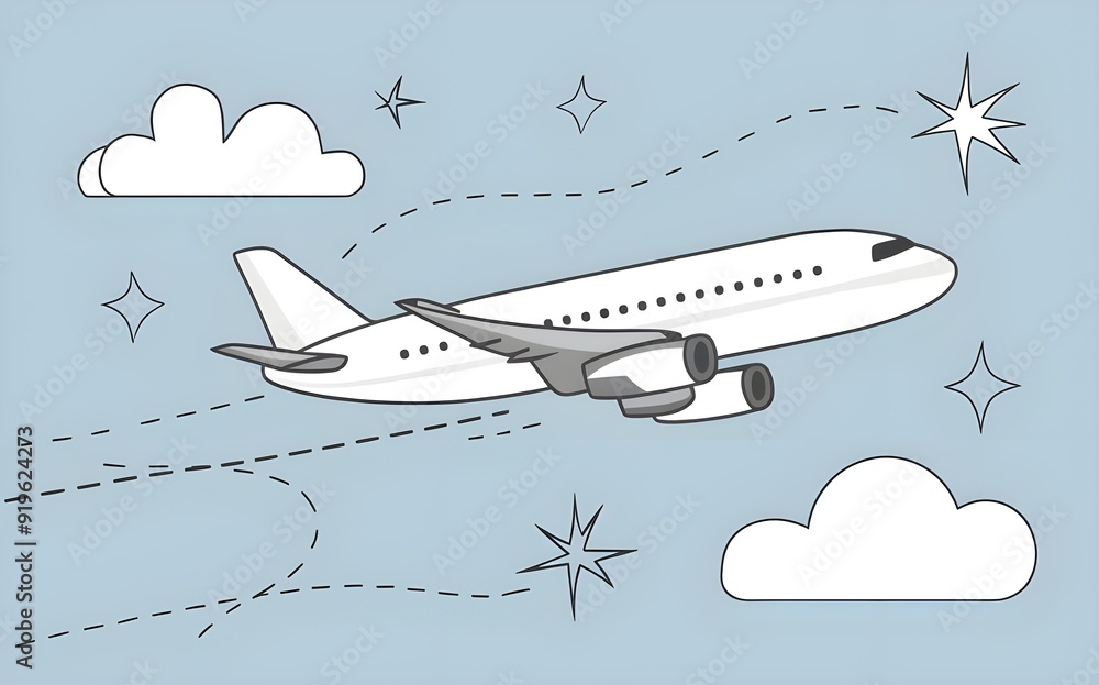 Naklejka premium An illustration of a passenger plane flying in a blue sky that was drawn by hand.