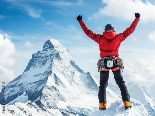 A mountain climber reaching the summit, raising their arms in victory against a backdrop of a snowy peak