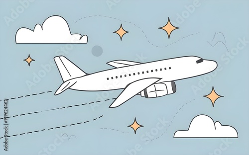 Cartoon illustration created by hand depicting a passenger plane flying in a blue sky.