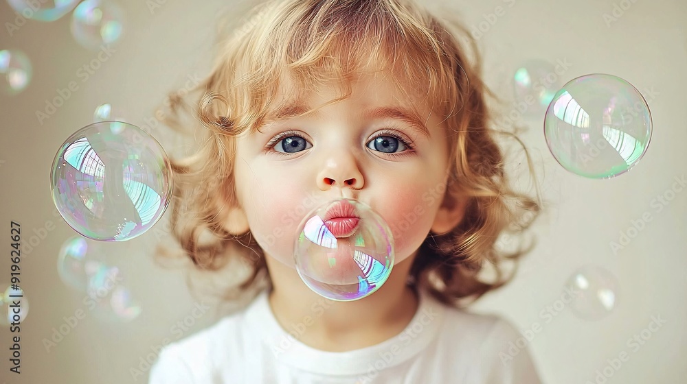 Toddler immersed in concentration while blowing bubbles showcasing a joyful moment filled with humor and chaos in vibrant colors Toddler immersed in concentration while blowing bubbles showcasing a joyful moment filled with humor and chaos in vibrant colors