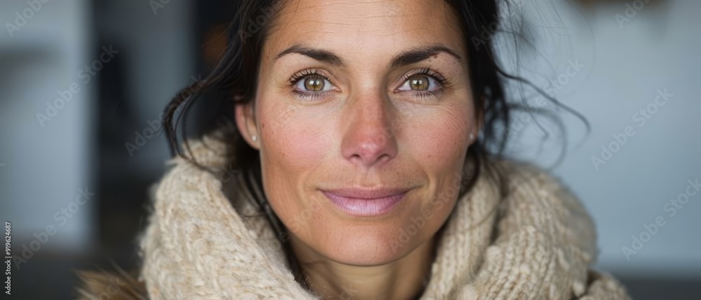 A women in close-up, scarf encircling her neck, smiles directly at the camera A women in close-up, scarf encircling her neck, smiles directly at the camera