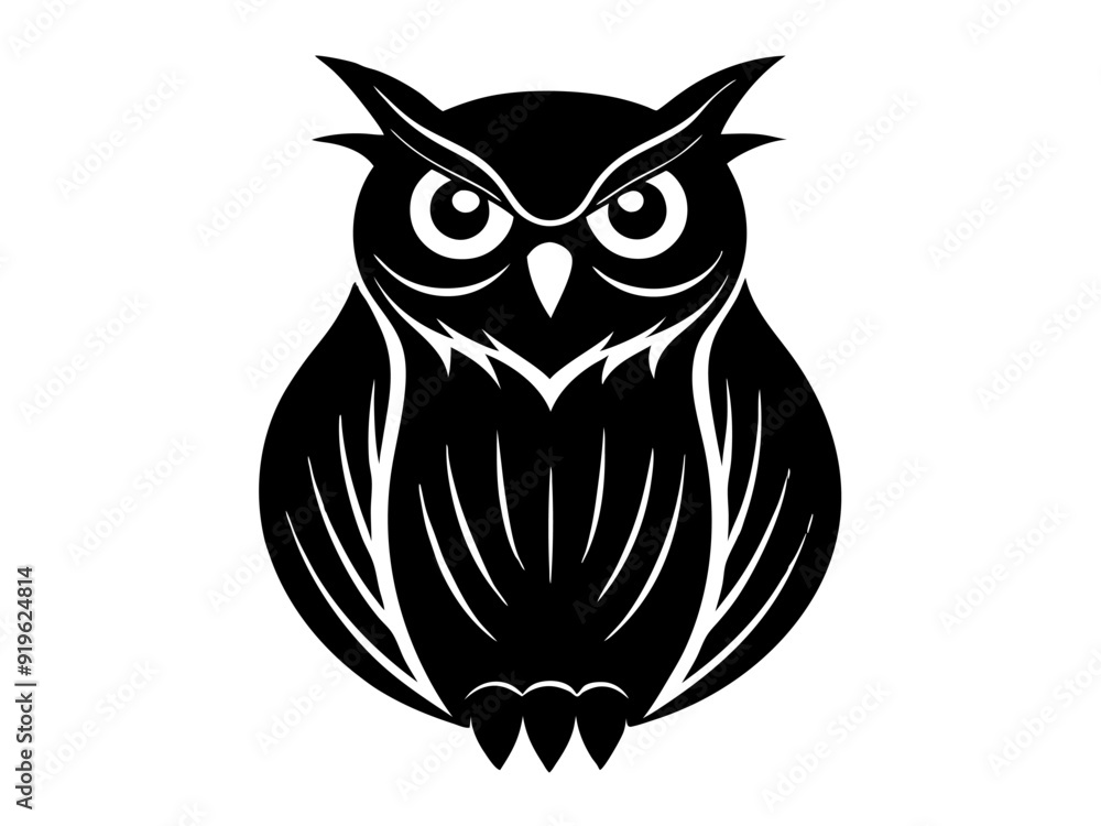 Fototapeta premium Black and White Owl Illustration Vector Owl Cartoons, Clipart, and Line Art Design, Detailed black and white owl vector illustration, ideal for clipart, cartoons, and line art designs.