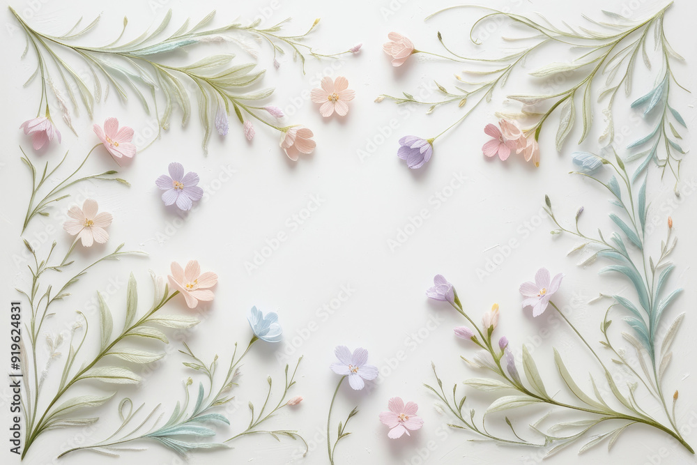 Obraz premium Postard with pastel flowers on white background with empty space for text. AI
