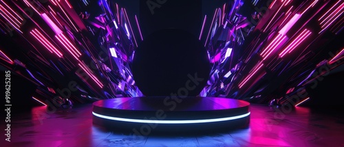 Wallpaper Mural Futuristic neon light background with a round podium in the middle, perfect for product displays. Torontodigital.ca