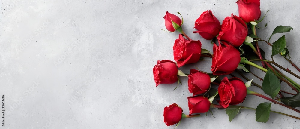Red roses sit atop a white counter, adjacent to a table holding green leaves Red roses sit atop a white counter, adjacent to a table holding green leaves