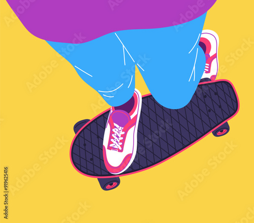 Teenager ride on skateboard view from above, vector flat put foot in blue jeans and sneakers on longboard on yellow