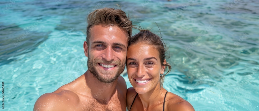 A man and a woman pose before a crystal-clear swimming pool under brilliant blue skies A man and a woman pose before a crystal-clear swimming pool under brilliant blue skies