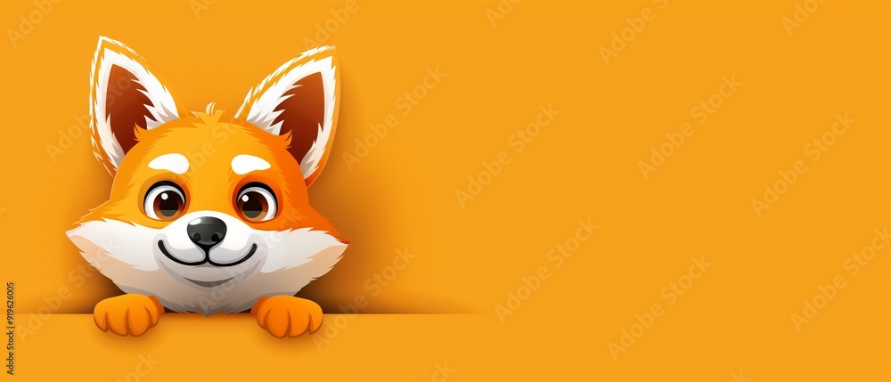 Obraz premium A charming fox with large eyes peers from behind a sunny, yellow wall, flaunting a broad grin