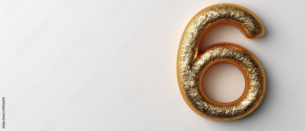 A six digit number with a white background and gold foil overlay..Close-up of '6' against white backdrop, gilded with gold foil A six digit number with a white background and gold foil overlay..Close-up of '6' against white backdrop, gilded with gold foil