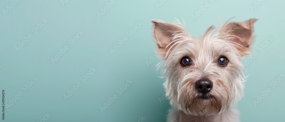A detailed shot of a dog's head against a blue backdrop with a mildly green wall in the distance A detailed shot of a dog's head against a blue backdrop with a mildly green wall in the distance