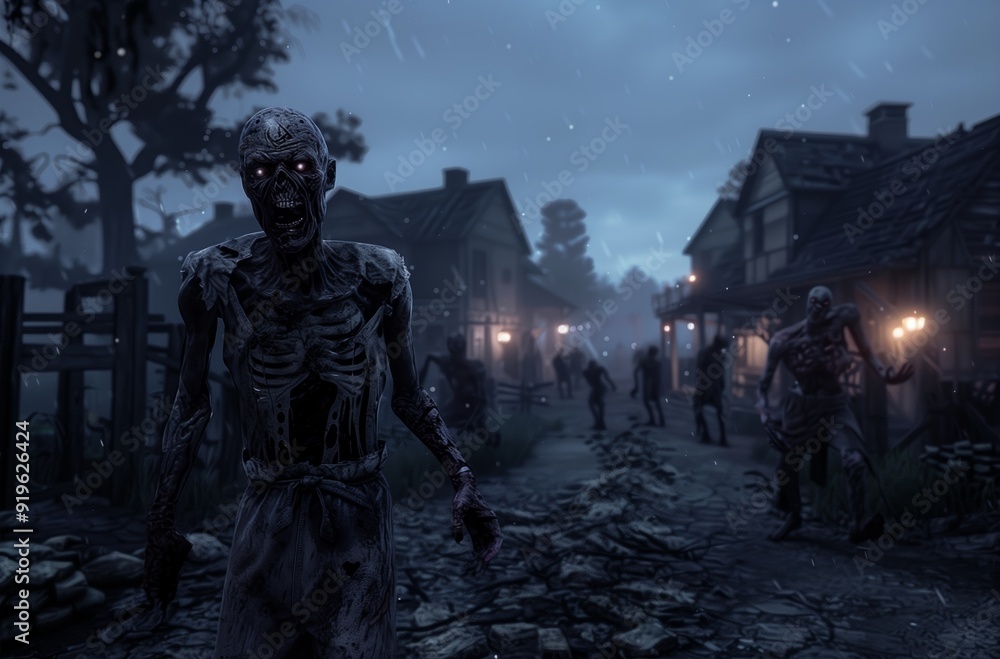Horde of zombies walking down village road at night Horde of zombies walking down village road at night