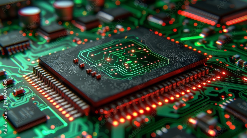 Close-up of a microchip on a circuit board with glowing red and green details, showcasing modern electronics and technological innovation Close-up of a microchip on a circuit board with glowing red and green details, showcasing modern electronics and technological innovation