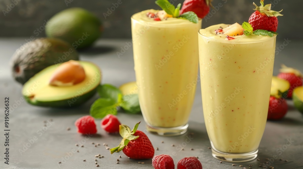 A picture of avocado and honey smoothie decorate with fruit A picture of avocado and honey smoothie decorate with fruit