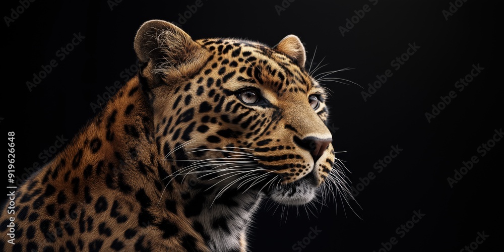 Photo of a leopard isolated against a black background, emphasising the leopard's majestic features. Wildlife and conservation concept, space for copy. Photo of a leopard isolated against a black background, emphasising the leopard's majestic features. Wildlife and conservation concept, space for copy.