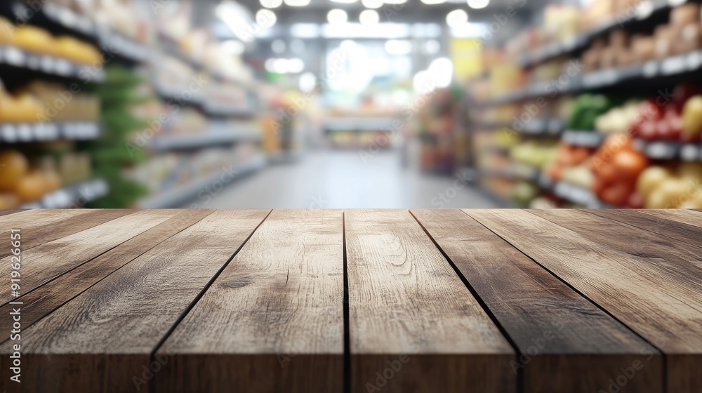 Rustic wooden table with a grocery store aisle blurred in the background, ideal for highlighting retail products.