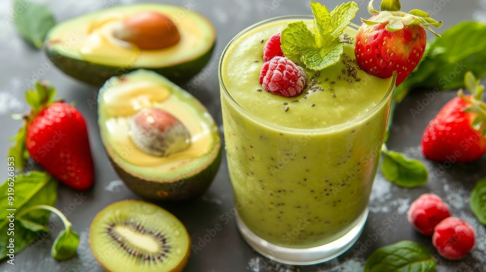 A picture of avocado and honey smoothie decorate with fruit A picture of avocado and honey smoothie decorate with fruit