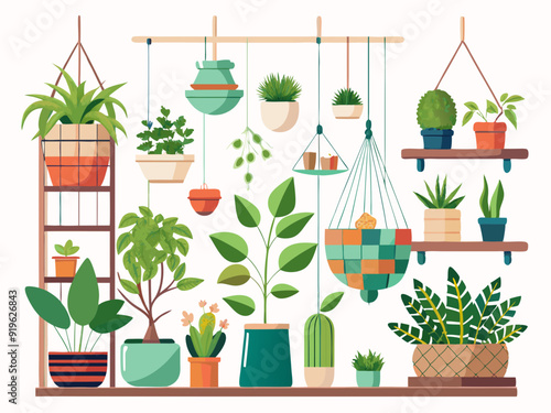 Indoor plants with decorative greenhouse elements. Green plants standing in pots on shelves, hanging in planter, macrame at cozy interior isolated on white background. Vector set
