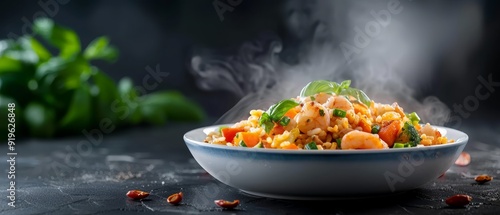  A close-up of a steaming bowl of food with vegetables alongside