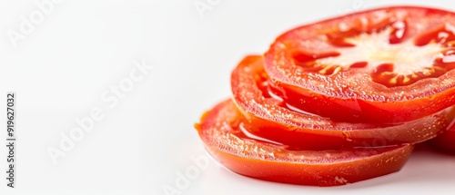  A white table holds a pile of sliced tomatoes and a halved tomato