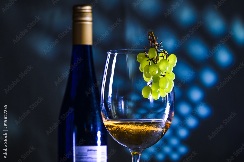 blue bottle of white wine