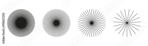 Sunburst element, radial stripes. Sun star rays. Set ray beam, burst. Radial circle radiation lines. Circulars lines. Spokes with radiating stripes grid. Outline graphic. Abstract illusion pattern.