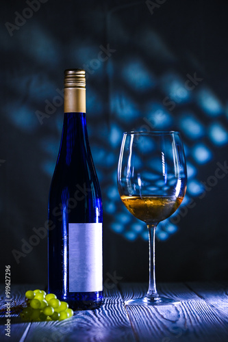 blue bottle of white wine