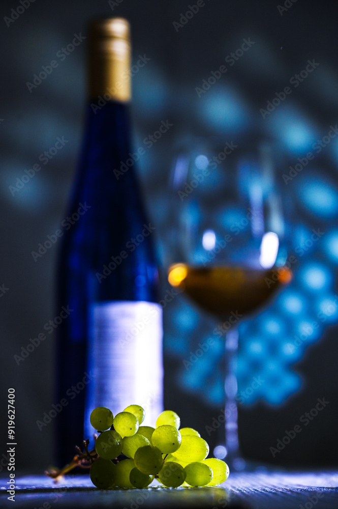 blue bottle of white wine