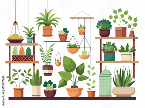Indoor plants with decorative greenhouse elements. Green plants standing in pots on shelves, hanging in planter, macrame at cozy interior isolated on white background. Vector set
