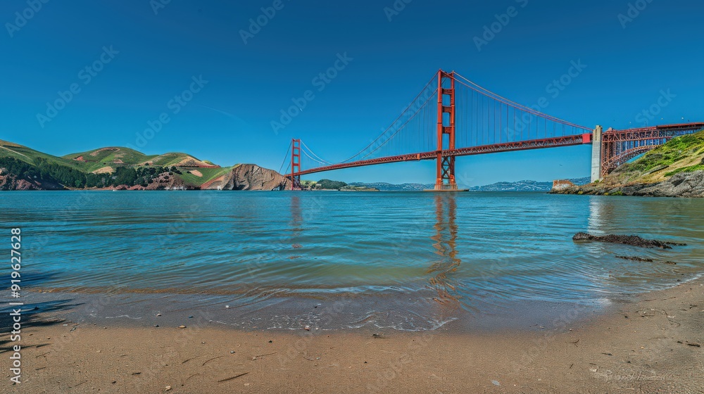 The Golden Gate Bridge during a clear day, with its vibrant orange color standing out against the bright blue sky The Golden Gate Bridge during a clear day, with its vibrant orange color standing out against the bright blue sky
