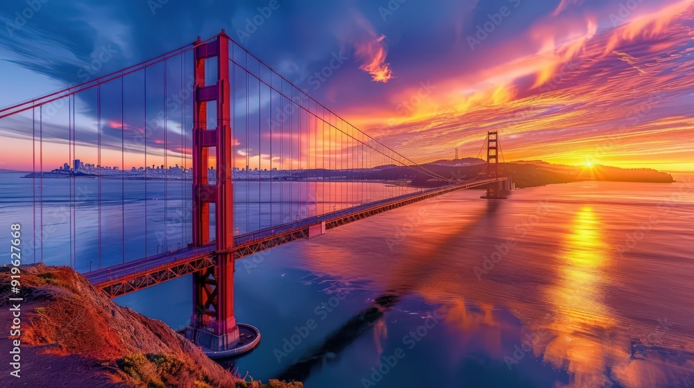 The Golden Gate Bridge during a vibrant sunrise, with the bridge illuminated by the warm light of the rising sun and the bay calm and reflective. The Golden Gate Bridge during a vibrant sunrise, with the bridge illuminated by the warm light of the rising sun and the bay calm and reflective.