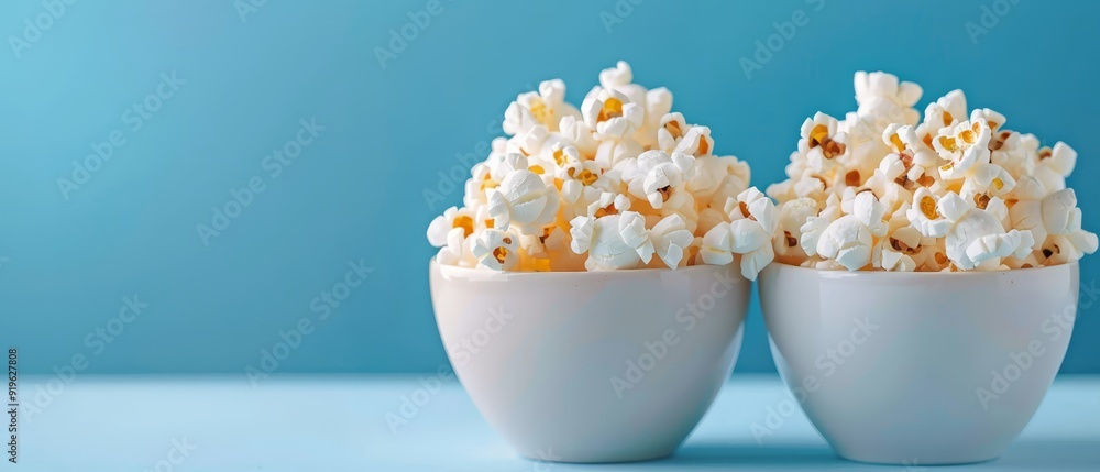 Two bowls of popcorn sit atop a blue tablecloth A blue wall serves as the backdrop in the background Two bowls of popcorn sit atop a blue tablecloth A blue wall serves as the backdrop in the background